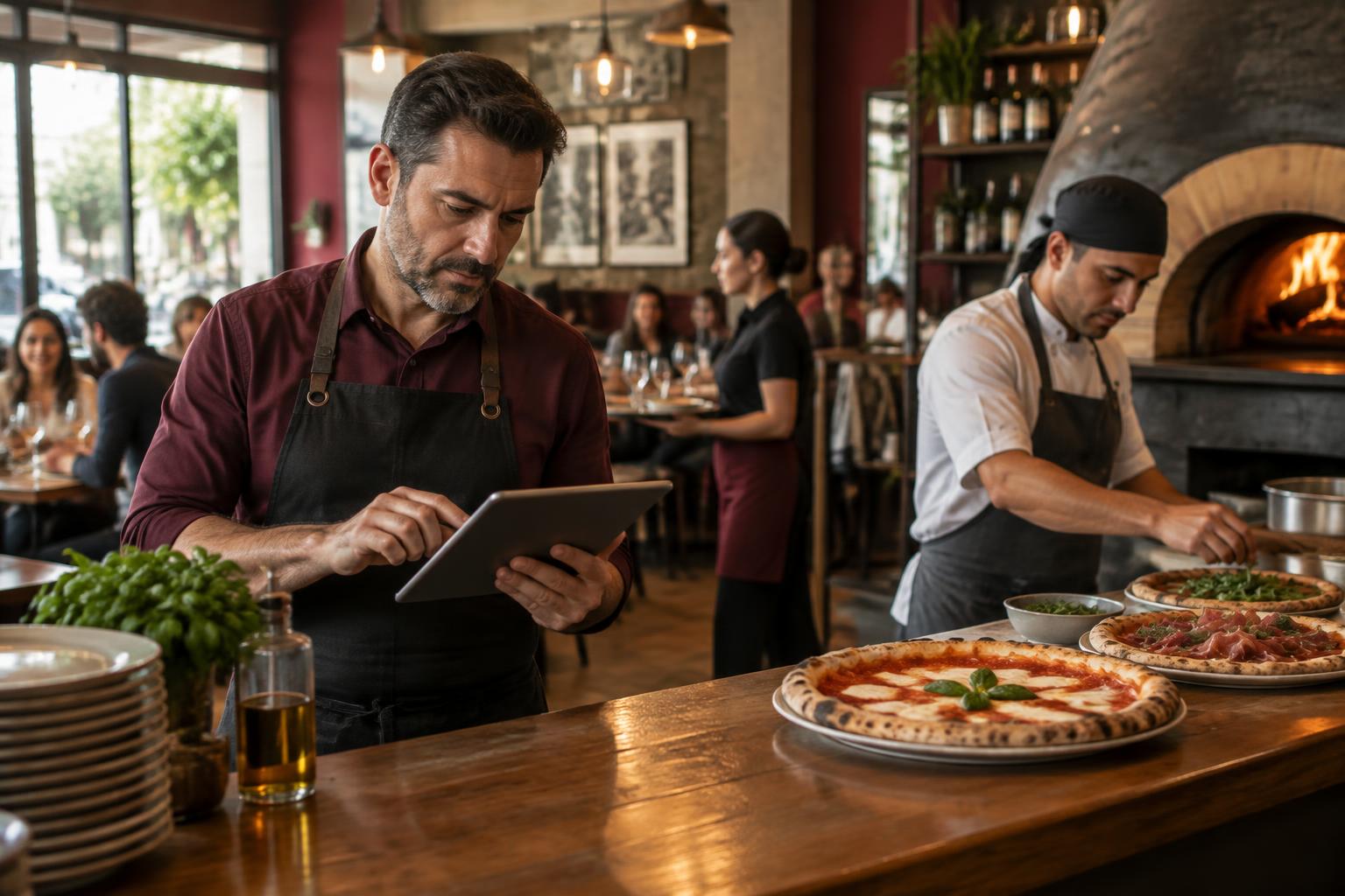 Gestor de pizzaria analisando dados da operação durante o atendimento